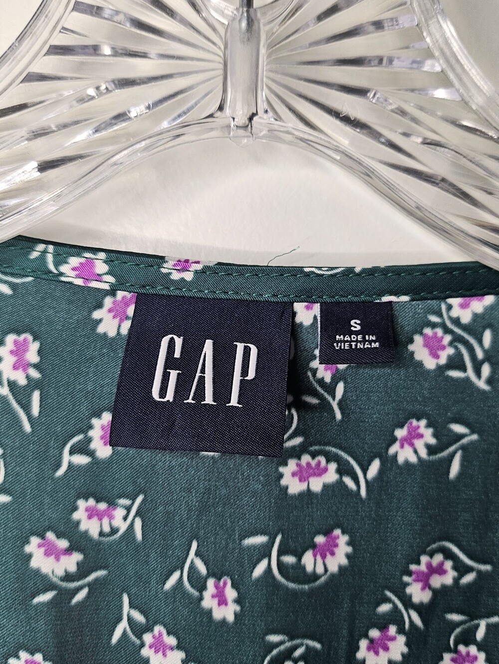 GAP Green Floral Smocked Wrap Blouse Small Cottagecore Boho Puff Sleeve Top - Picture 10 of 16